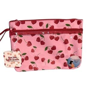 Pink and Cherry Hearts Print Wet Pouch/Swim Suit Sack w Clear Zipper Pocket BNWT